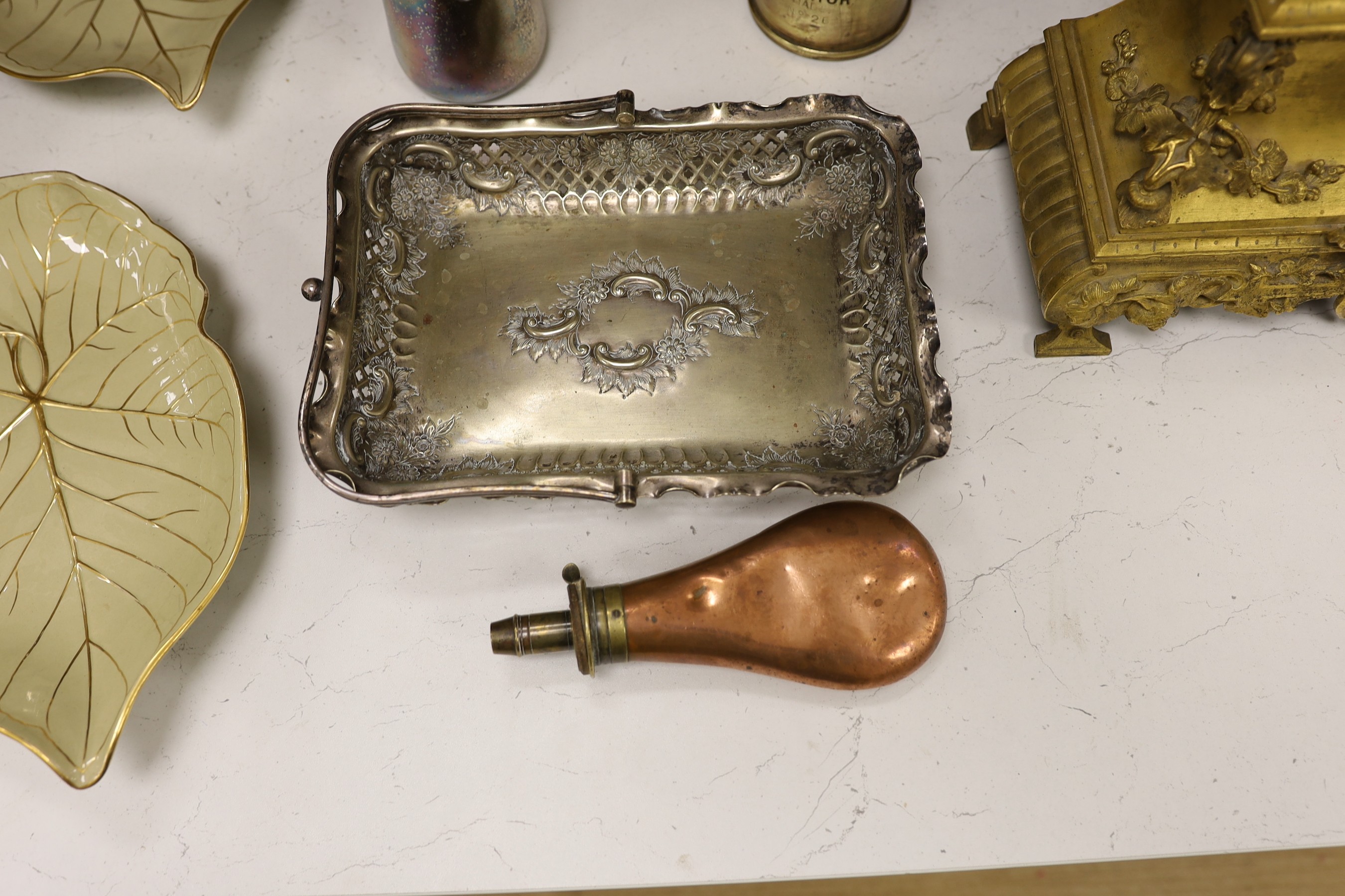 A brass paraffin blow torch, a copper shot flask and a Dutch embossed brass bowl